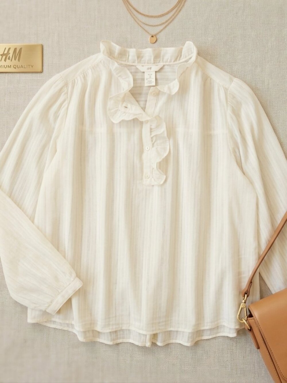 H&M White Striped Ruffle Button Front Woven Cotton Romantic Blouse Long Sleeve M
